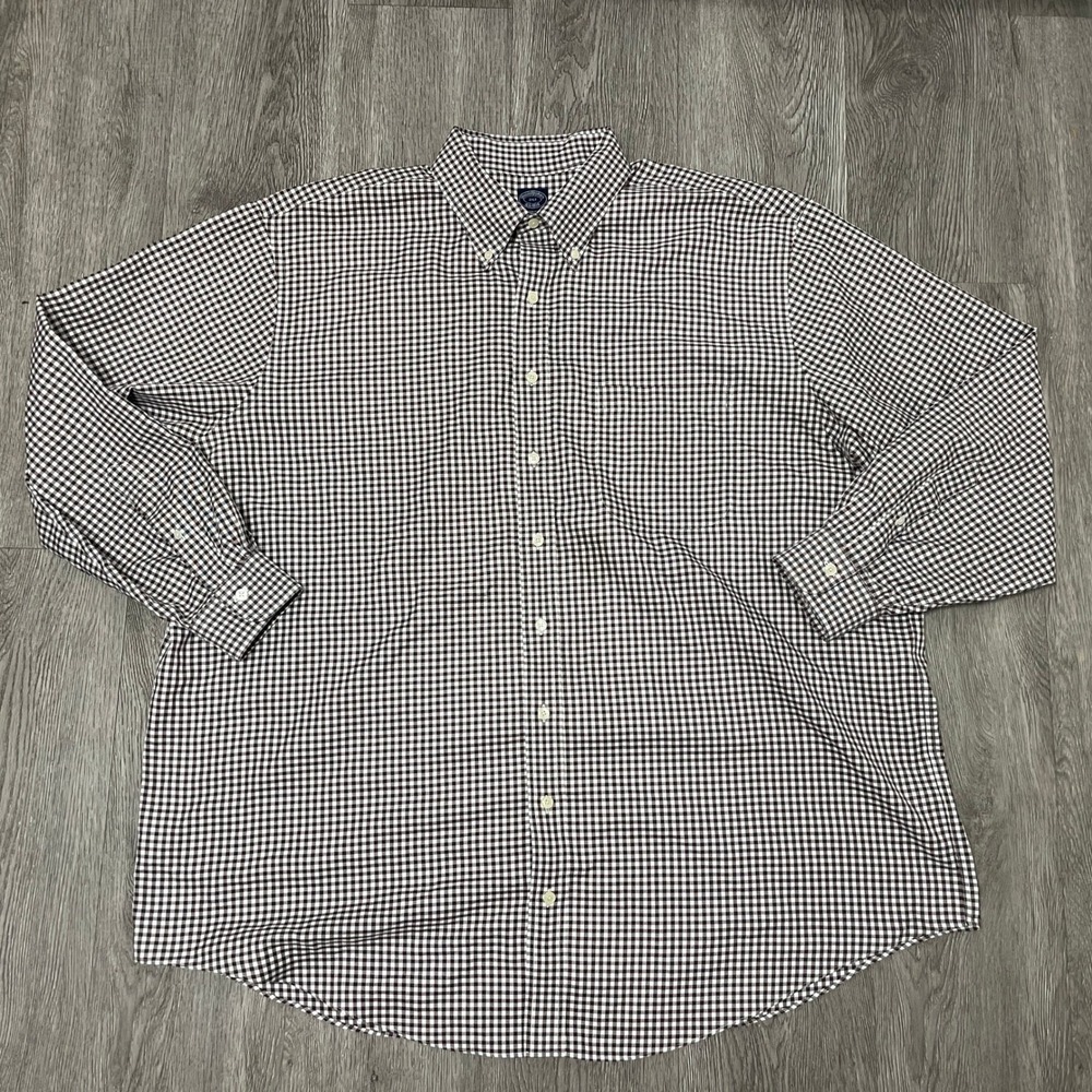 Brooks Brothers Shirt Mens 2XLT Brown White Gingham Check Non-Iron Supima